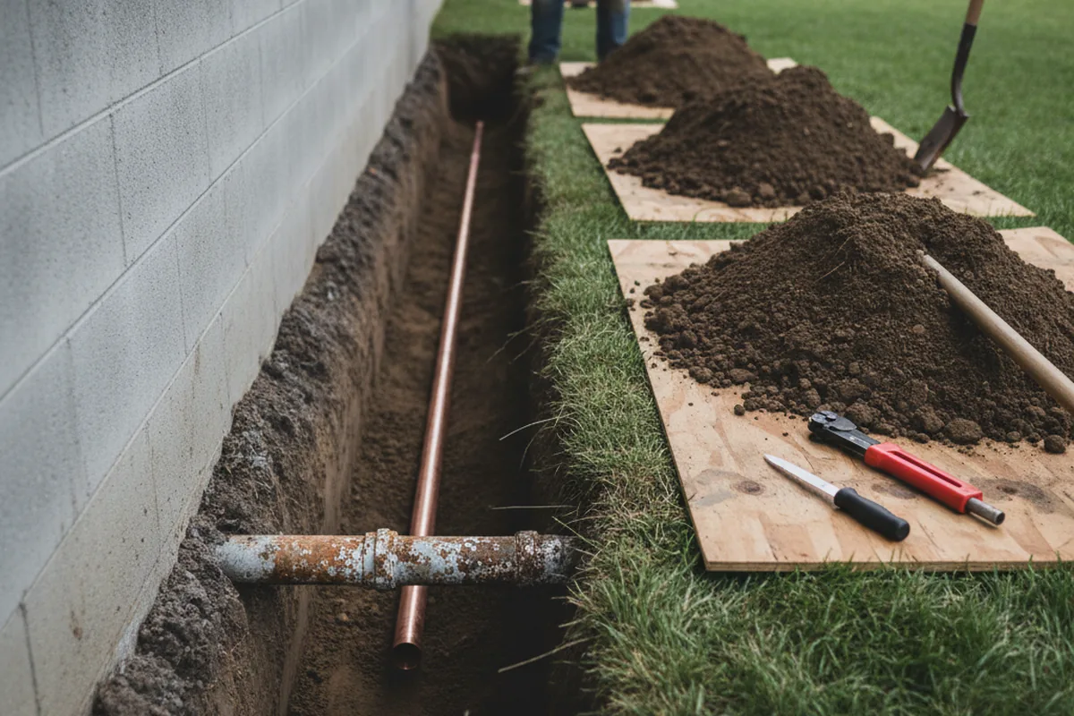 Excavated water line trench during Water Heater Repair in Perrin